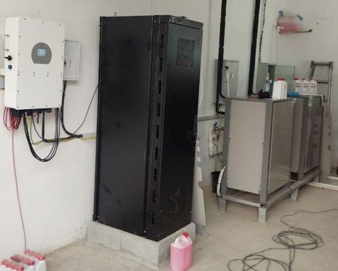 Battery storage cabinet and inverter mounted on a wall