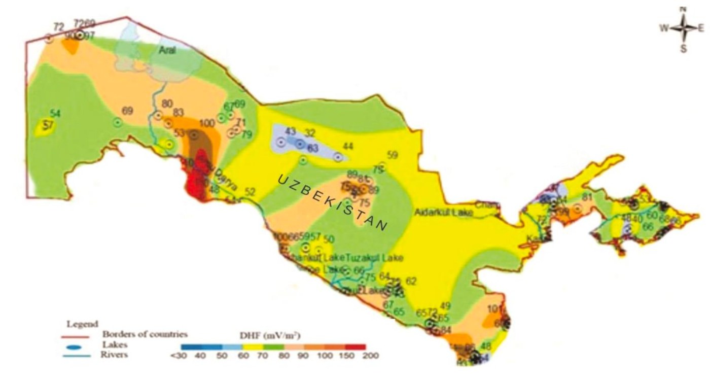 Map of Uzbekistan coloured by heat flow density, from below 30 to 200 mW/m², with measurement points; the highest values are in the west, near the Amu Darya